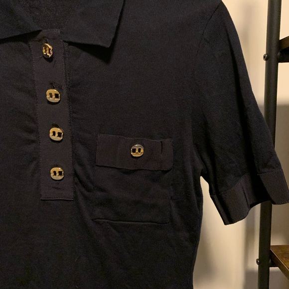 SALVATORE FERRAGAMO knit top with golds buttons collared shirt - Picture 2 of 6